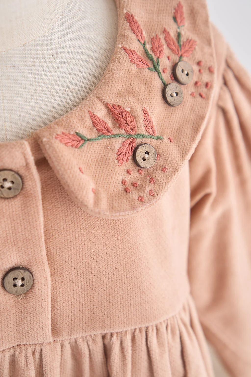 Beige floral embroidery velveteen girl dress - Image 5