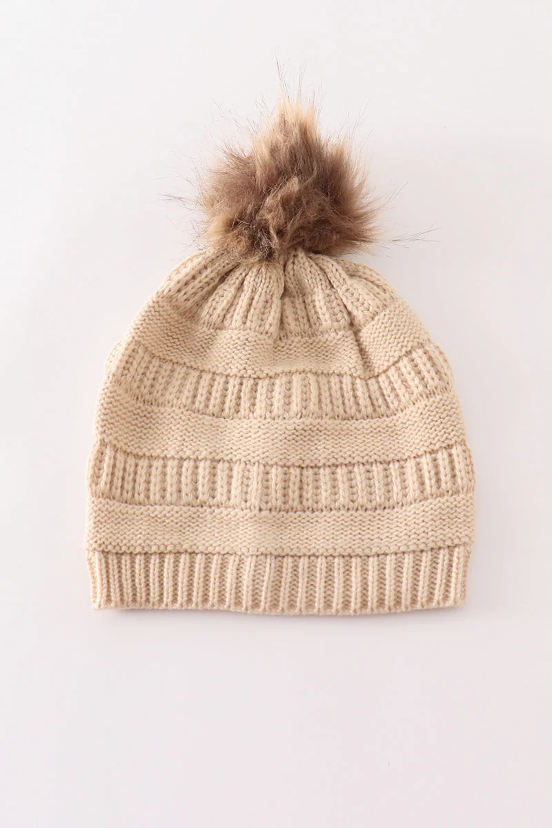 Beige pompom cable beanie hat - Image 2