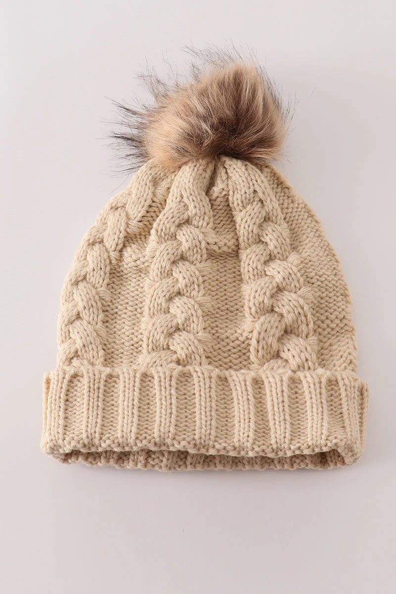 Beige pompom  cable beanie hat - Image 4