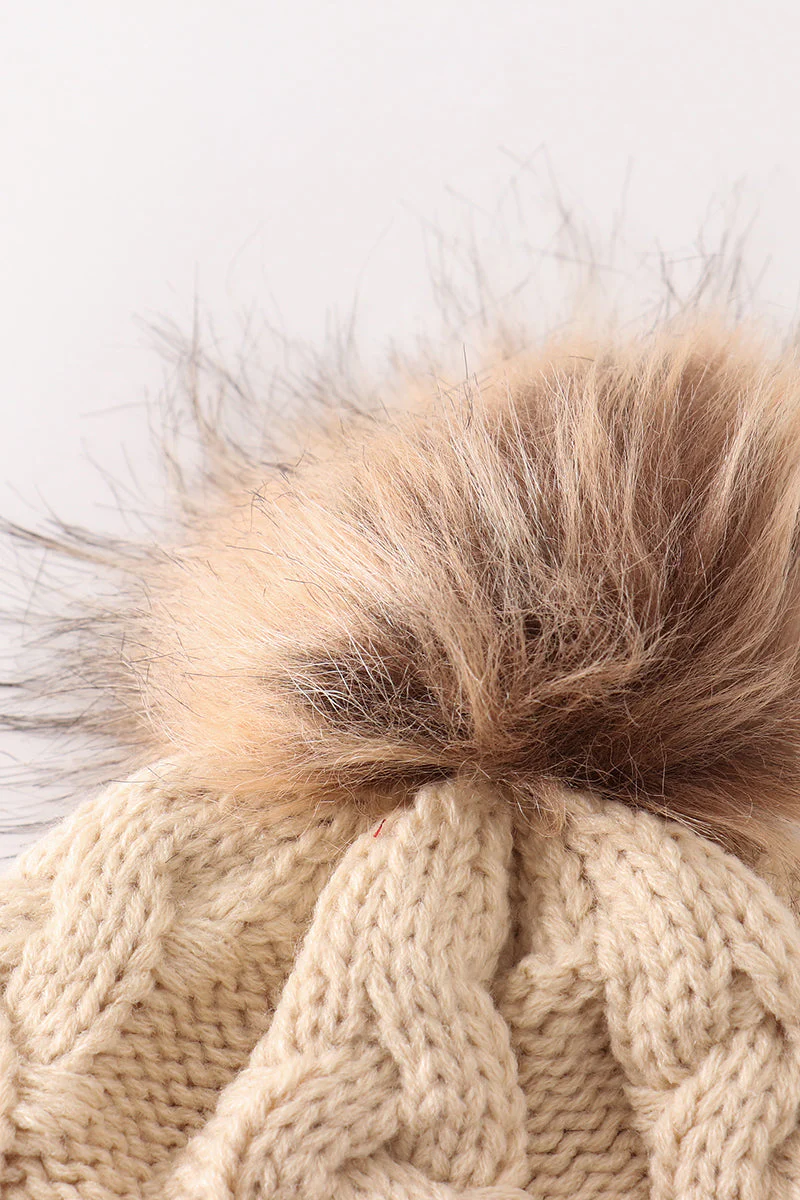 Beige pompom  cable beanie hat - Image 5