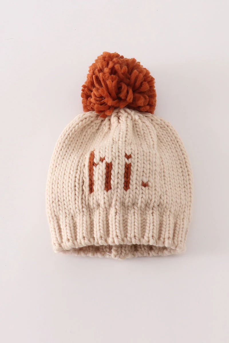 Beige pompom hi cable beanie hat - Image 2