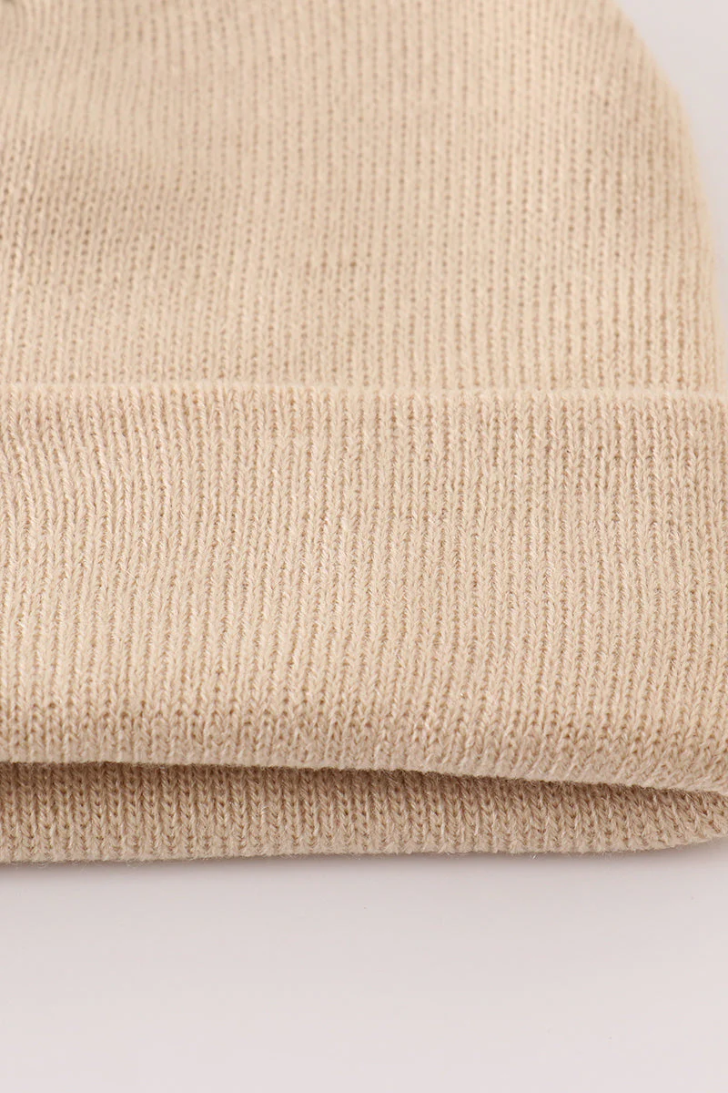 Beige ribbed basic knit beanie hat - Image 3