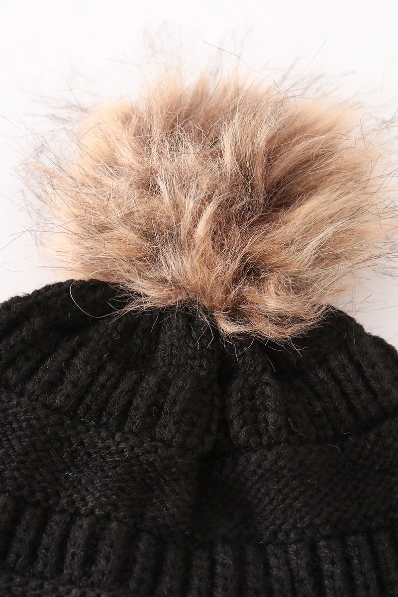 Black pompom cable beanie hat - Image 3