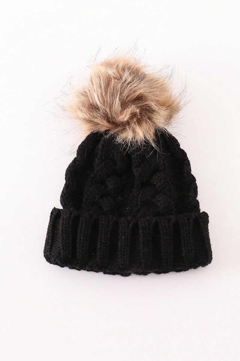 Black pompom cable beanie hat - Image 2