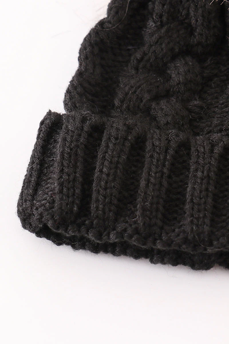 Black pompom cable beanie hat - Image 6