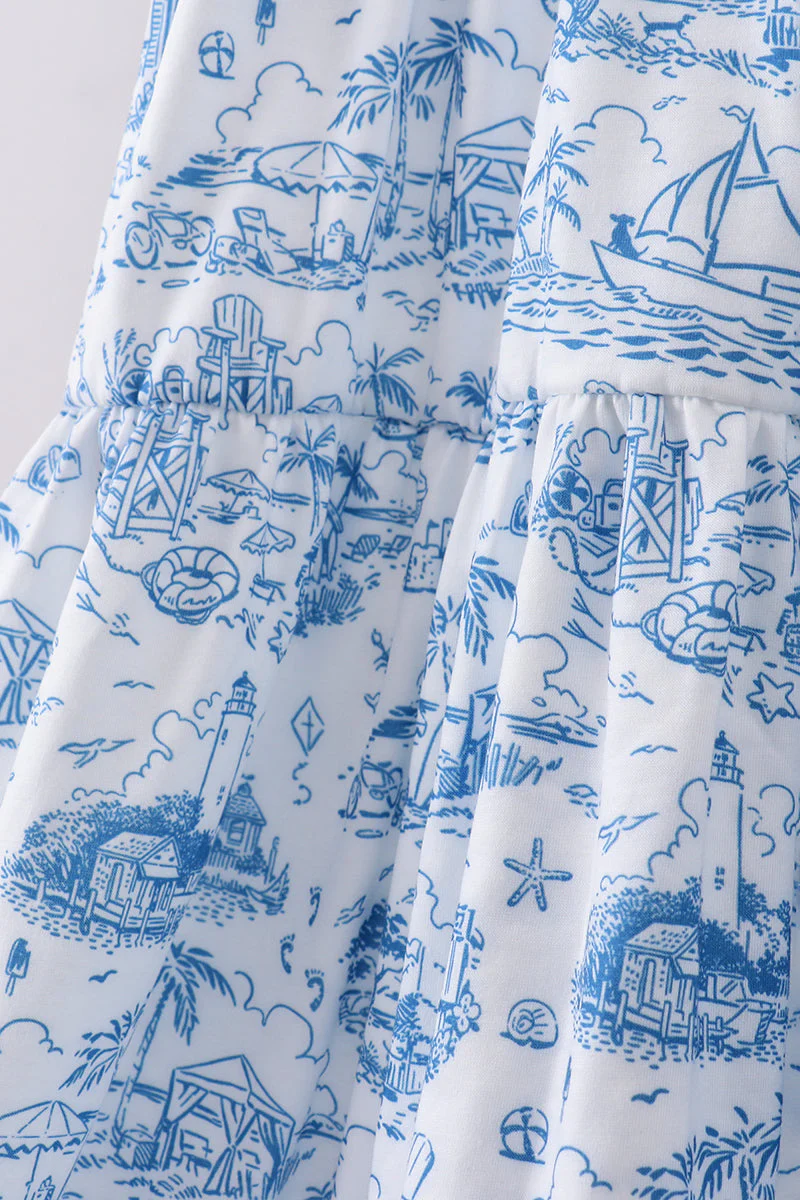 Blue beach sea smocked women dress - Image 4