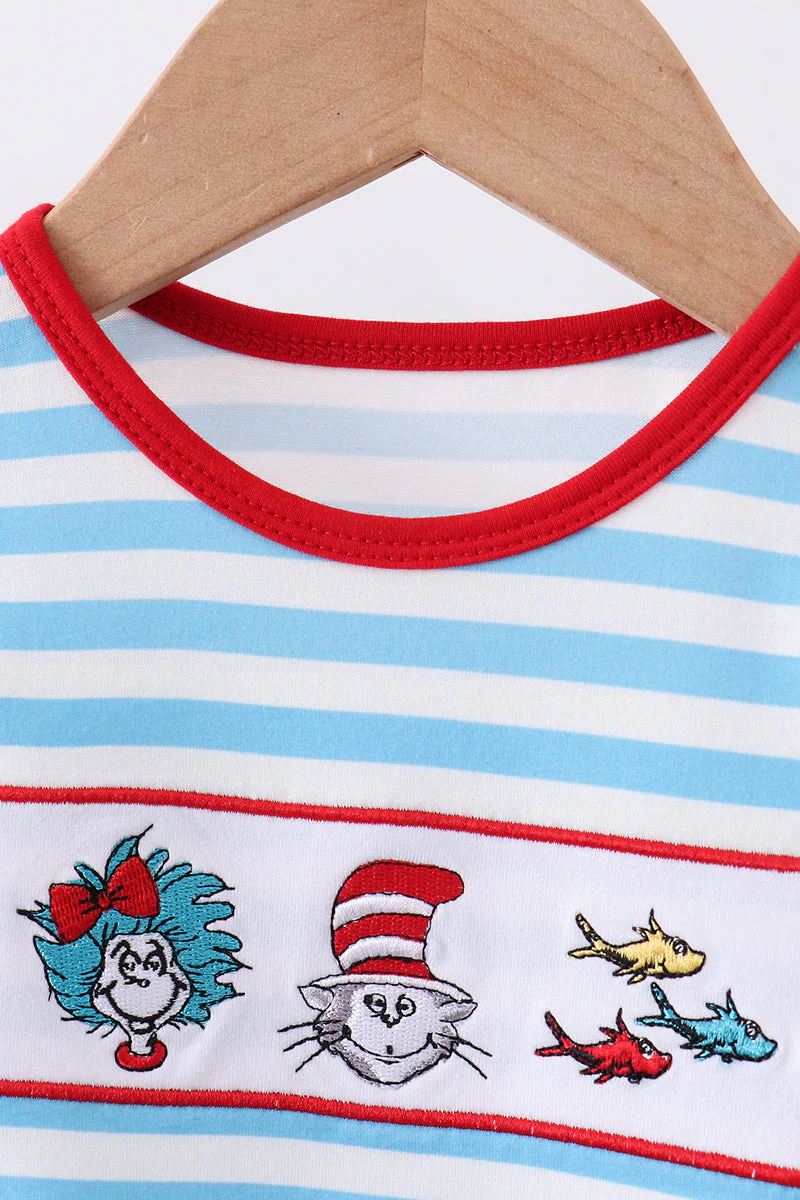 Blue character embroidery stripe ruffle romper - Image 2