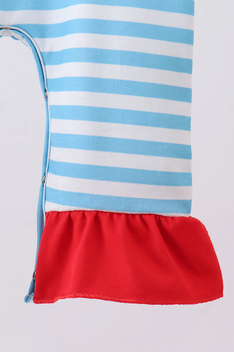 Blue character embroidery stripe ruffle romper - Image 4