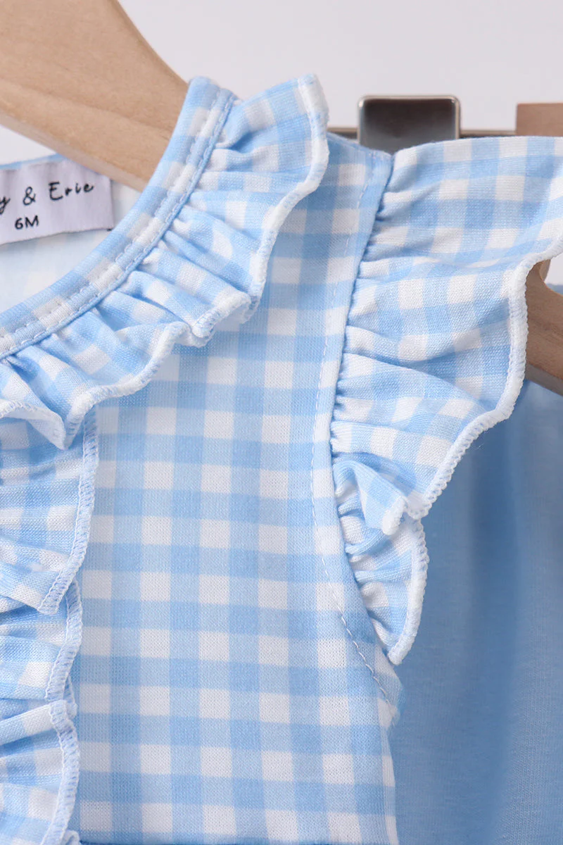 Blue cross bow embroidery ruffle gingham bloomer set - Image 4