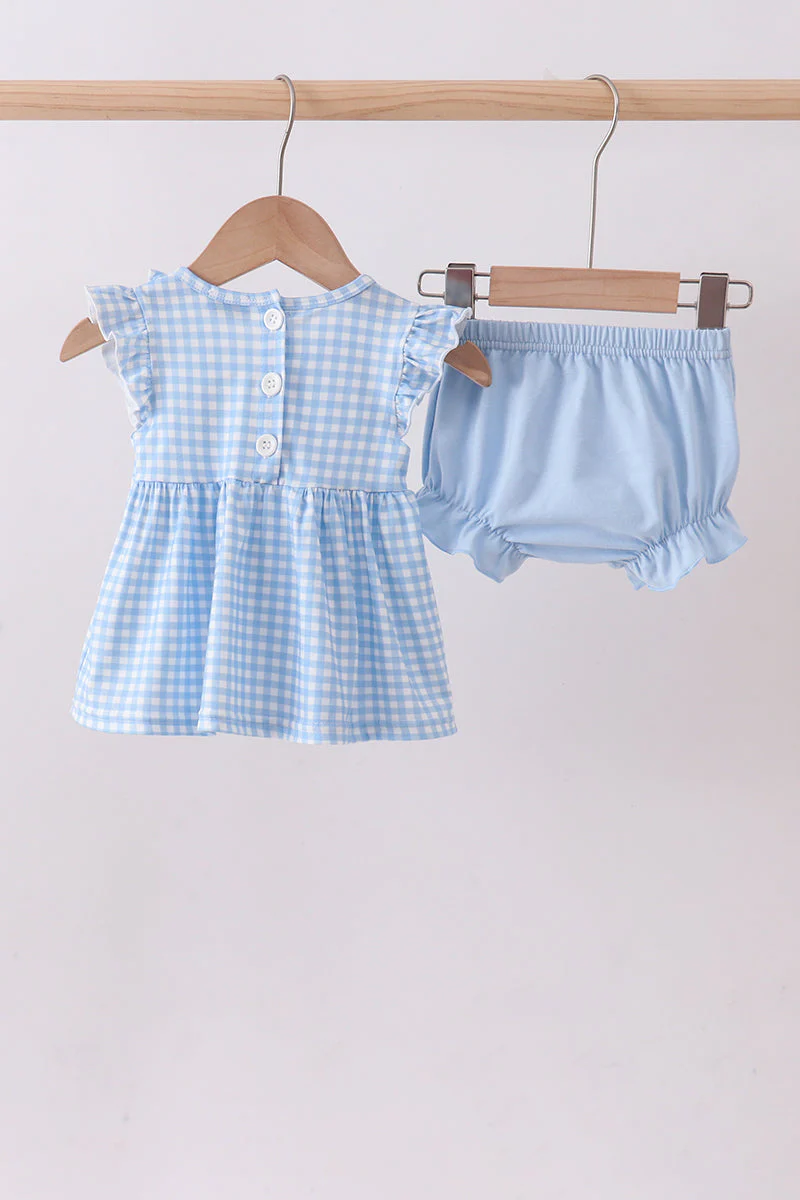 Blue cross bow embroidery ruffle gingham bloomer set - Image 5