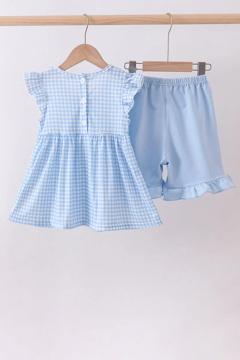 Blue cross bow embroidery ruffle gingham shorts set - Image 3