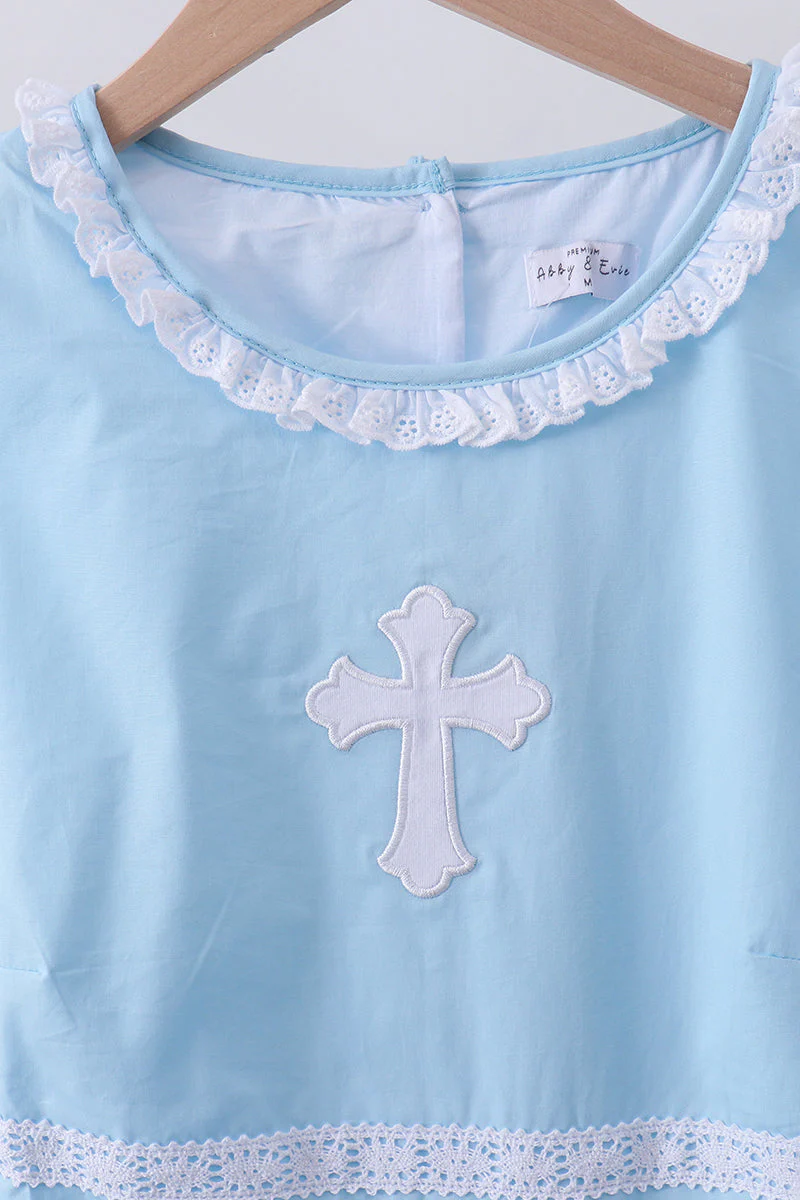Blue cross embroidery ruffle tiered dress - Image 3