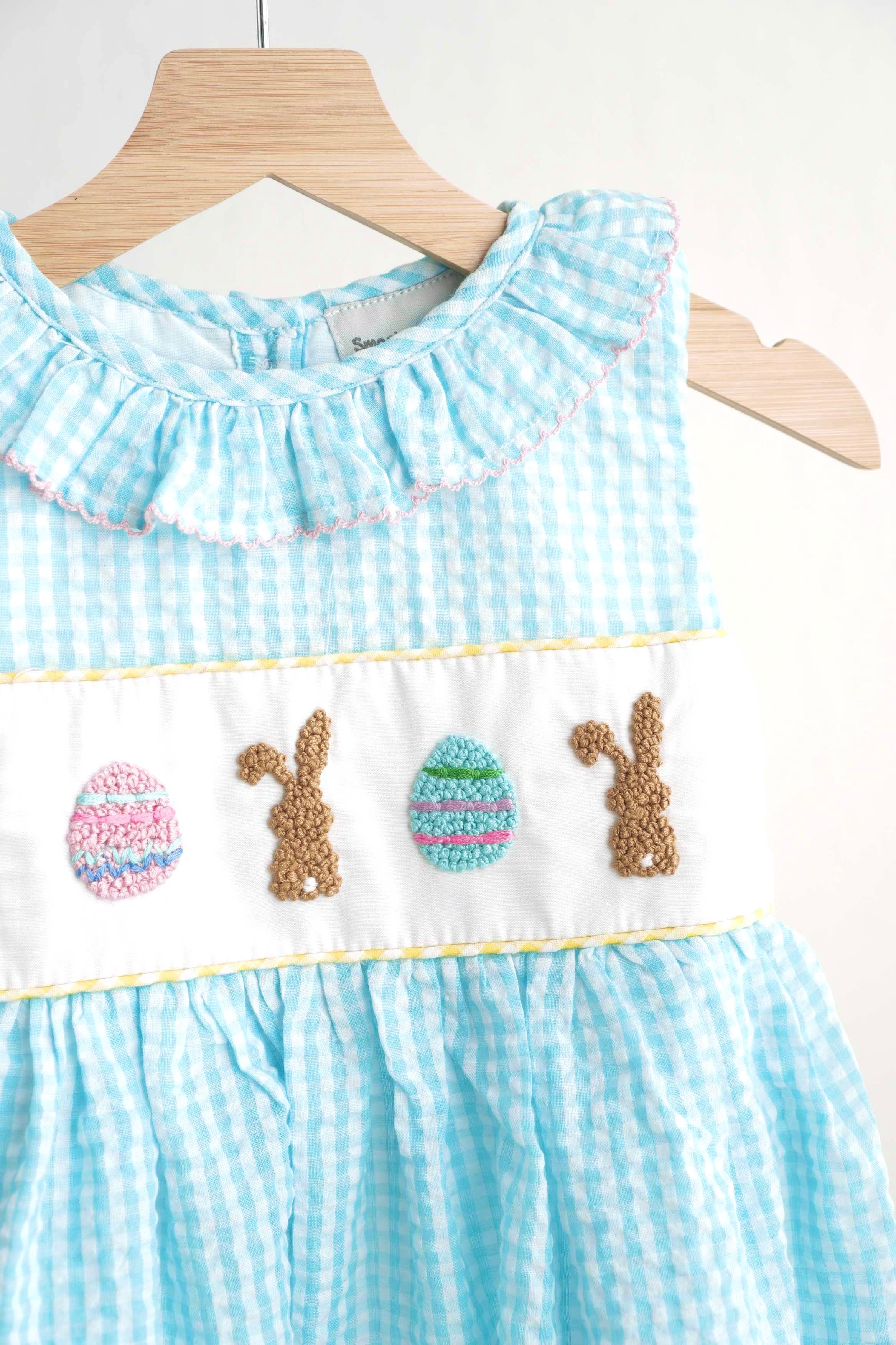 Blue easter bunny egg french knot girl gingham seersucker dress - Image 4