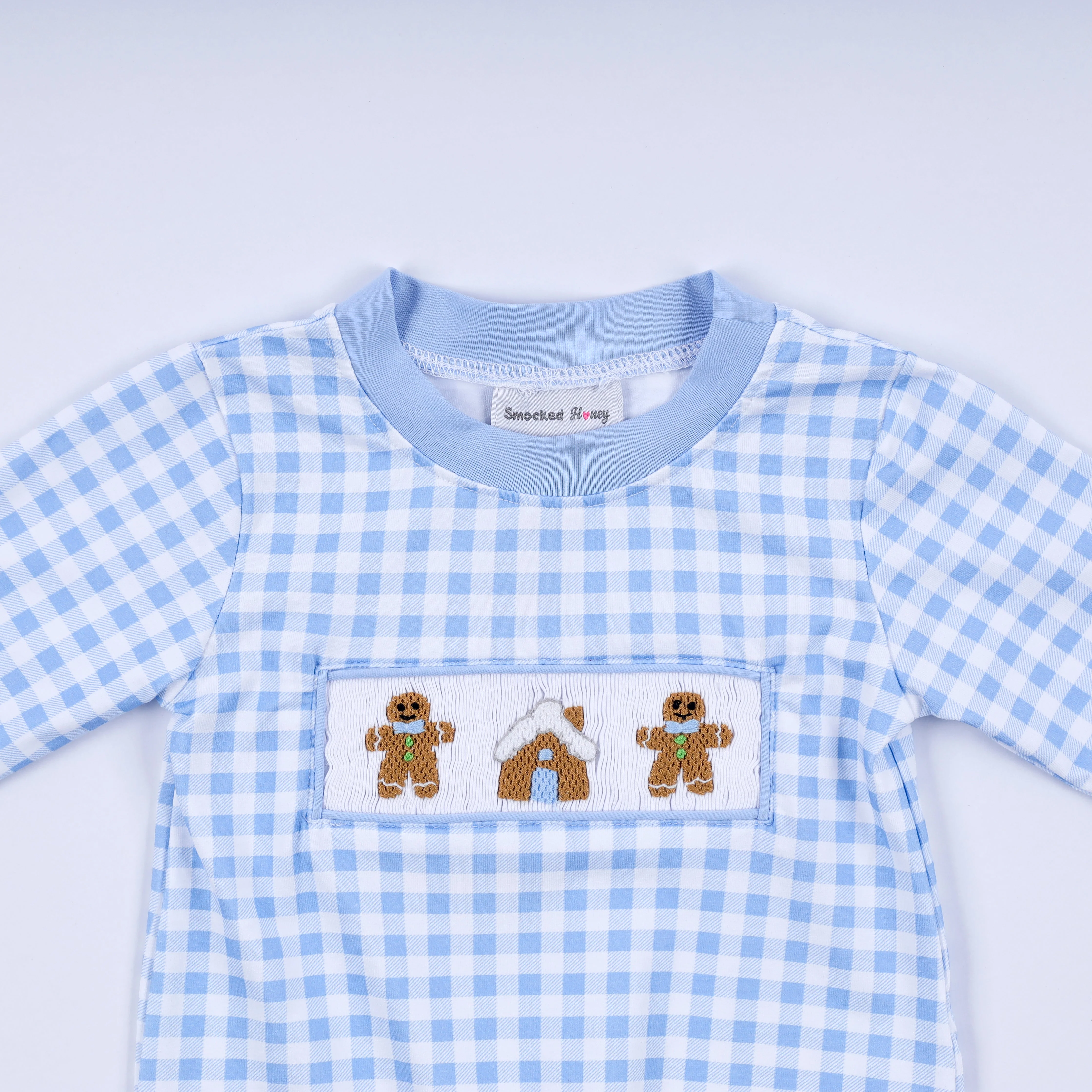 Blue gingerbread hand smocked gingham romper - Image 2
