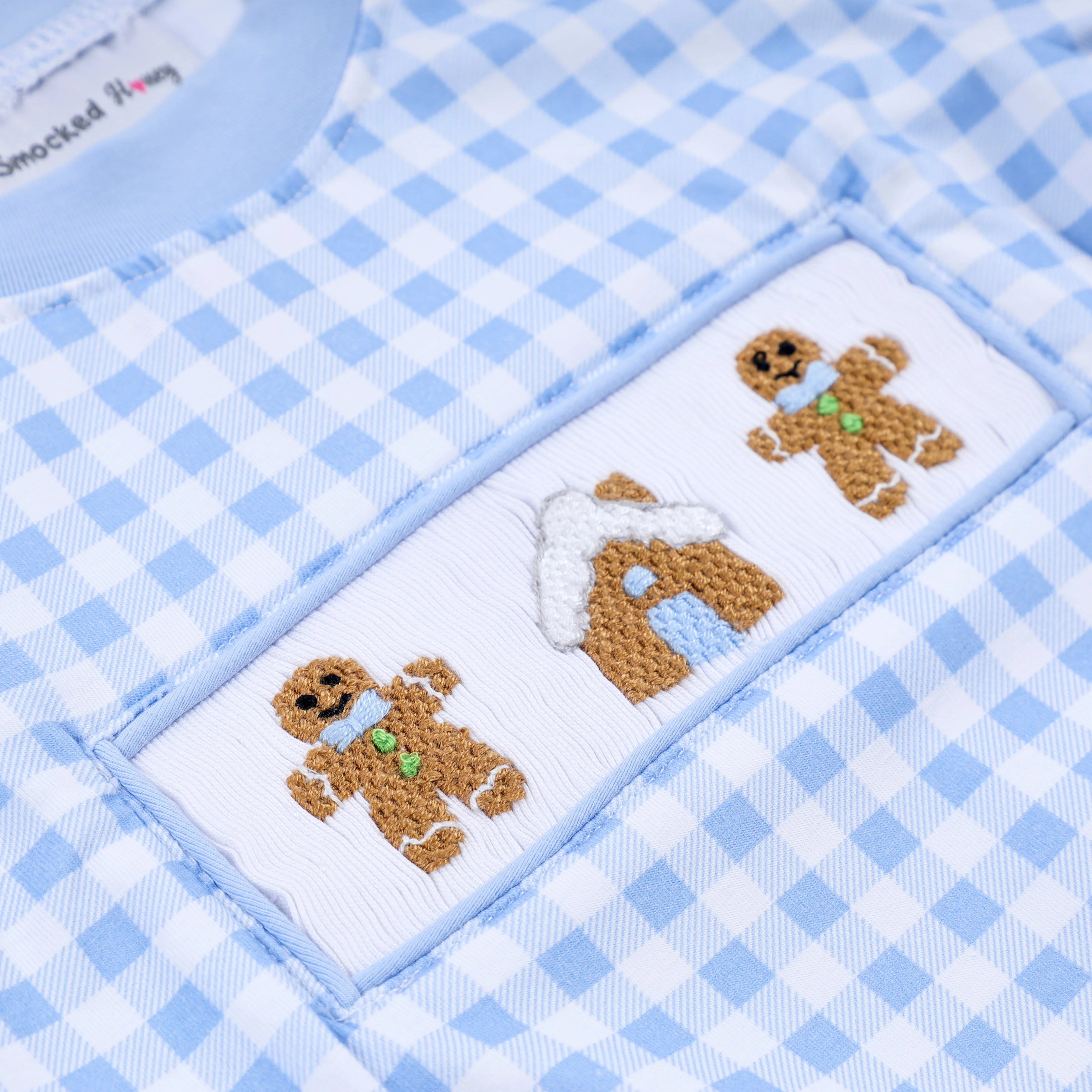 Blue gingerbread hand smocked gingham romper - Image 4