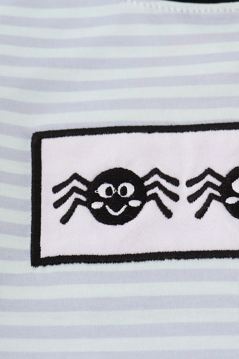 Blue Halloween spider embroidery stripe romper - Image 4