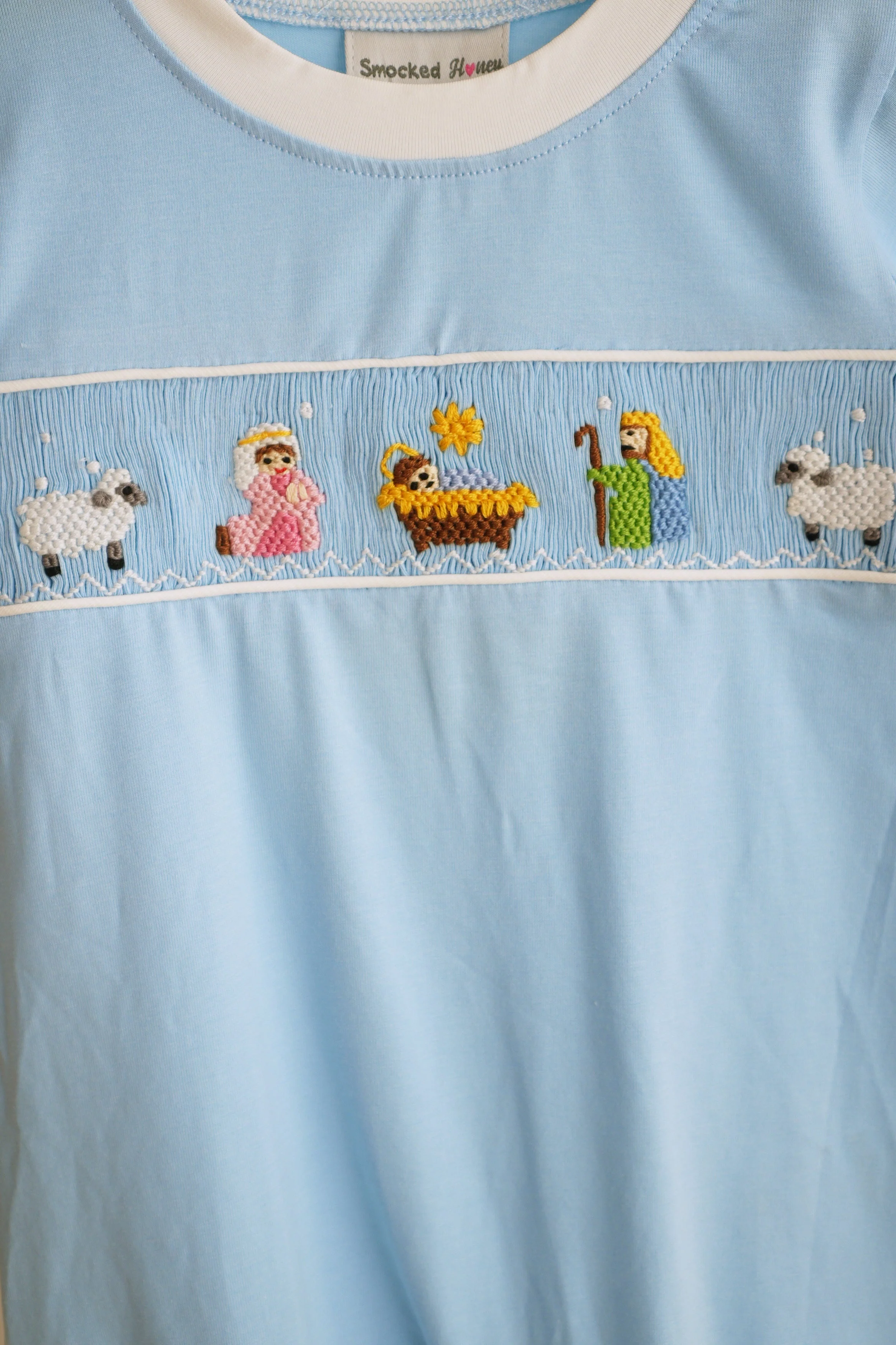 Blue nativity hand smocked romper - Image 2