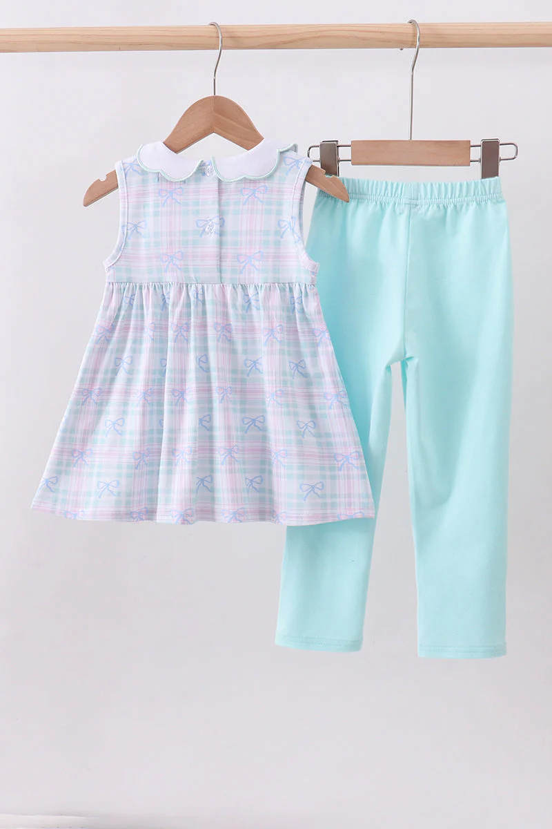 Blue plaid bow floral pants set - Image 5