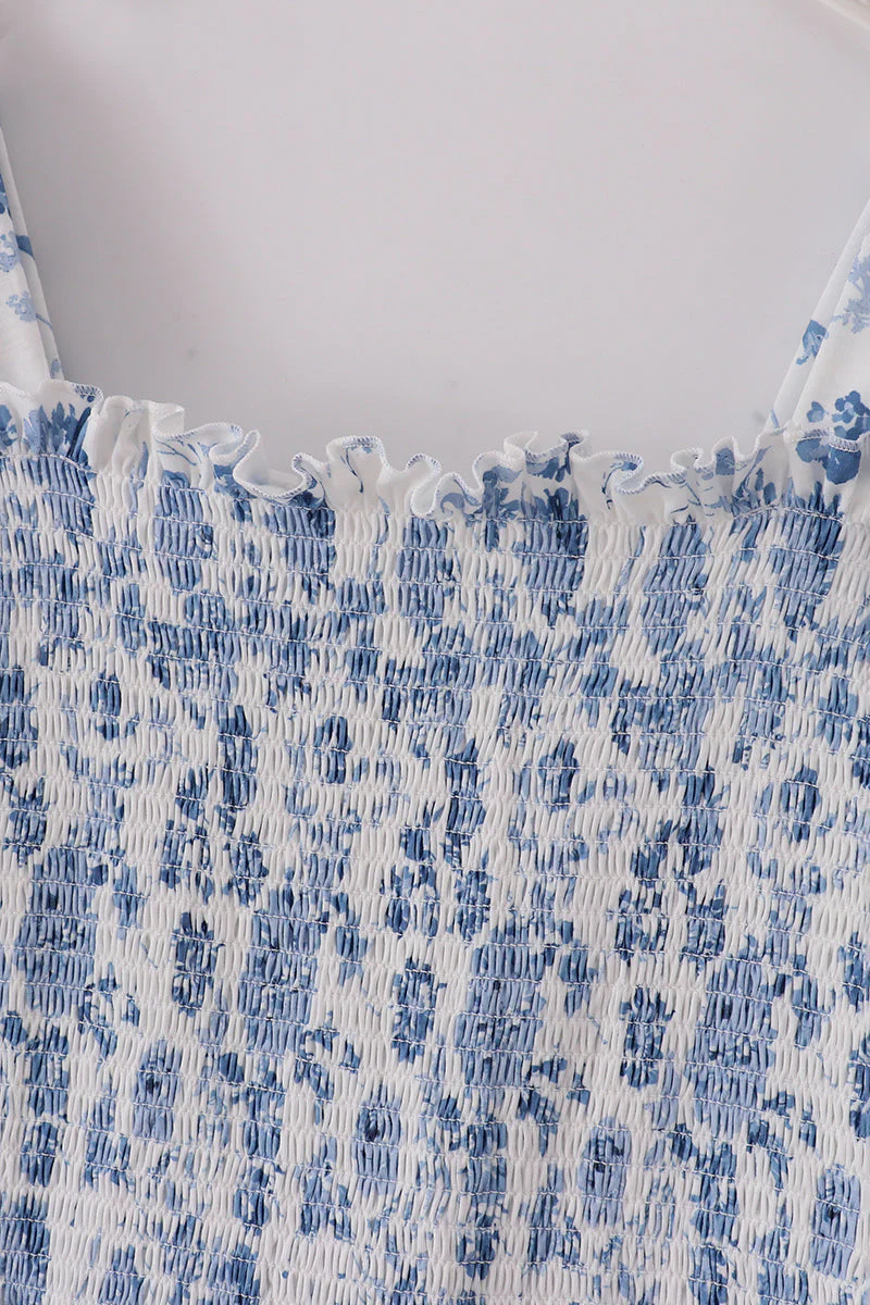 Blue smocked floral print mom dress - Image 2