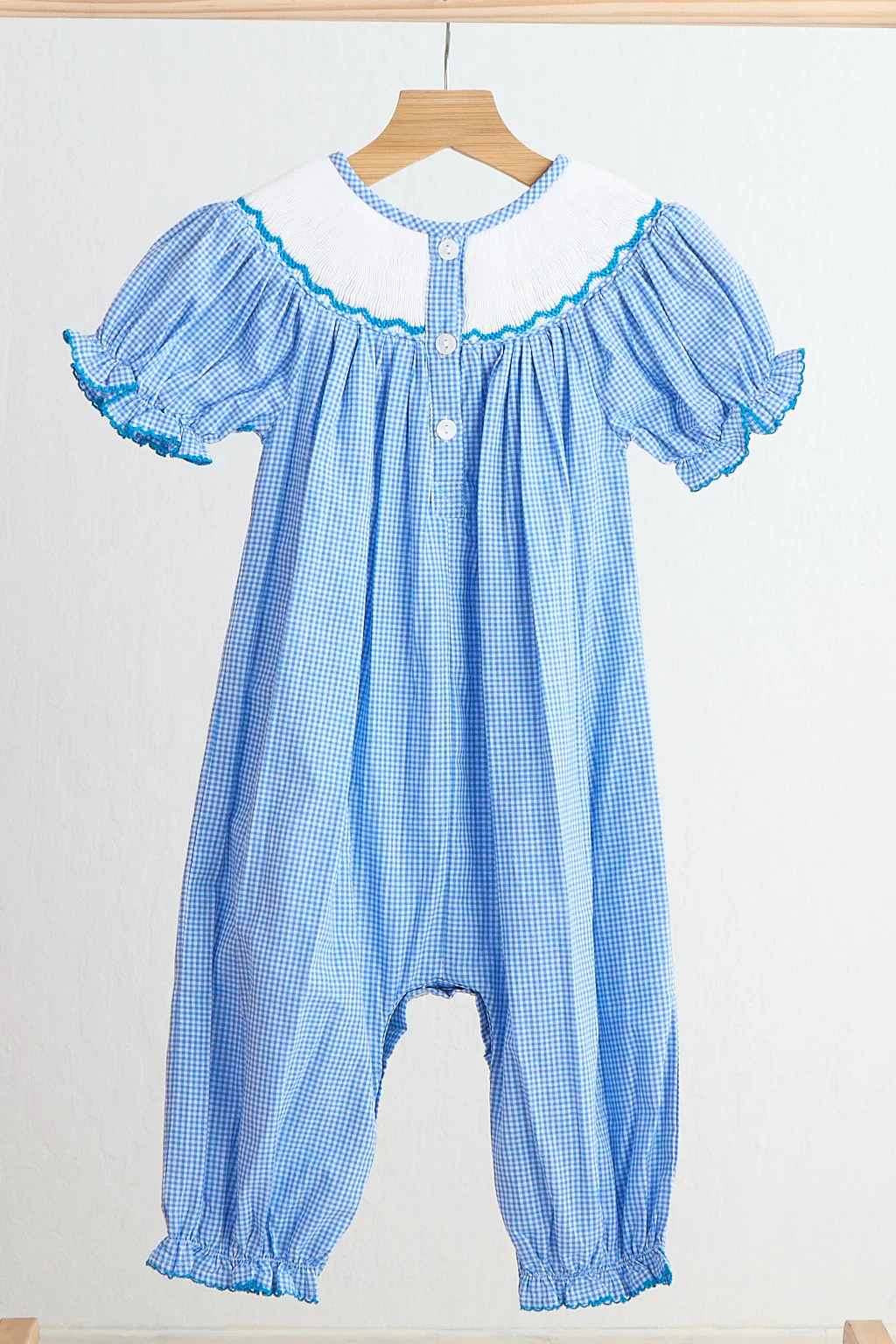 Blue snow princess hand smocked gingham girl romper - Image 6