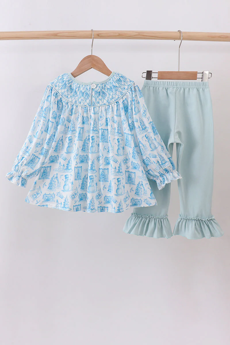 Blue snowman christmas tree smocked ruffle pants set - Image 6