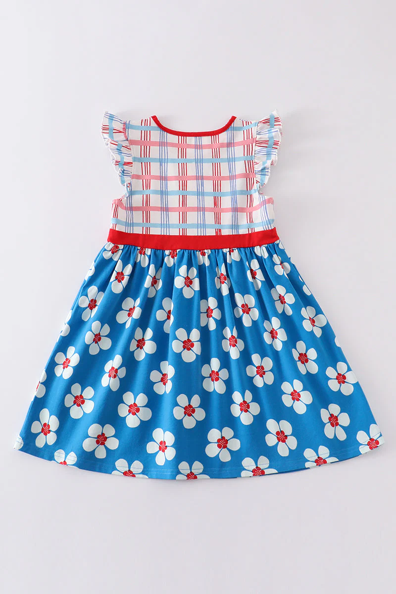 Platinum Blue & white floral print ruffle plaid dress - Image 5