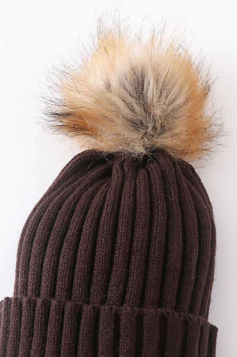 Brown knit pom pom beanie hat baby toddler adult - Image 3
