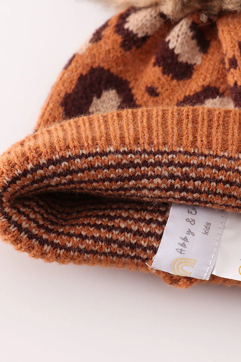 Brown pompom leopard cable beanie hat - Image 6