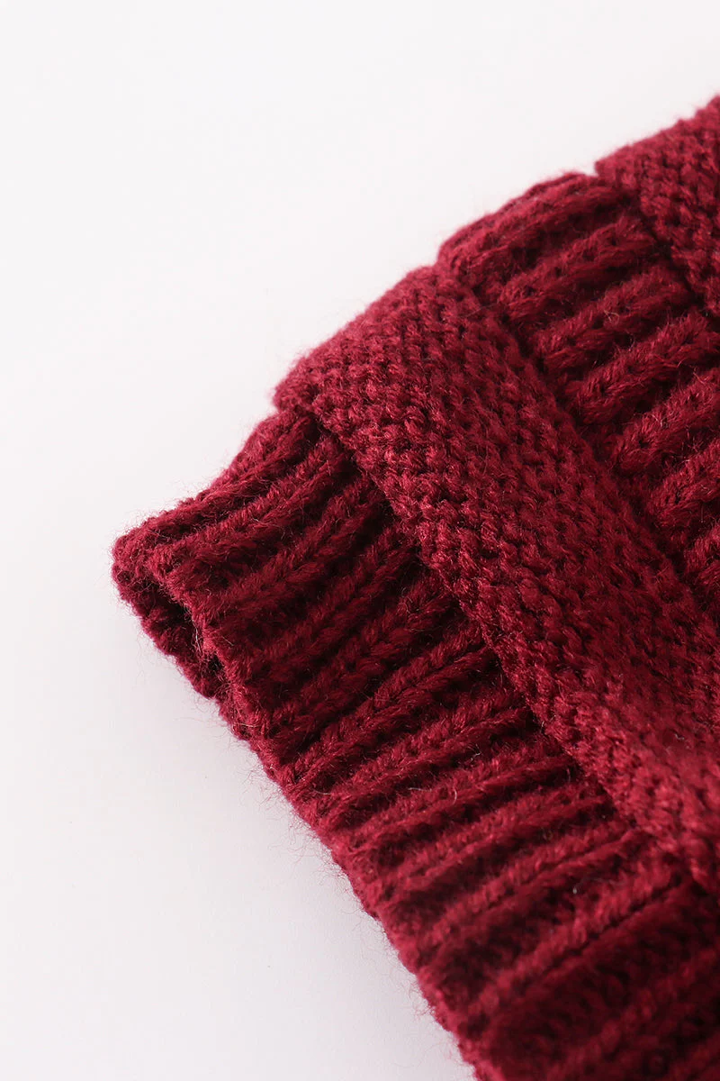 Burgundy pompom cable beanie hat - Image 5