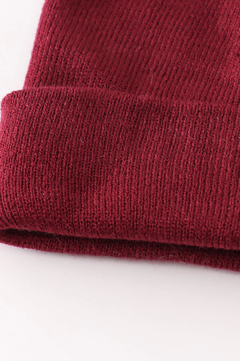 Burgundy ribbed basic knit beanie hat - Image 3