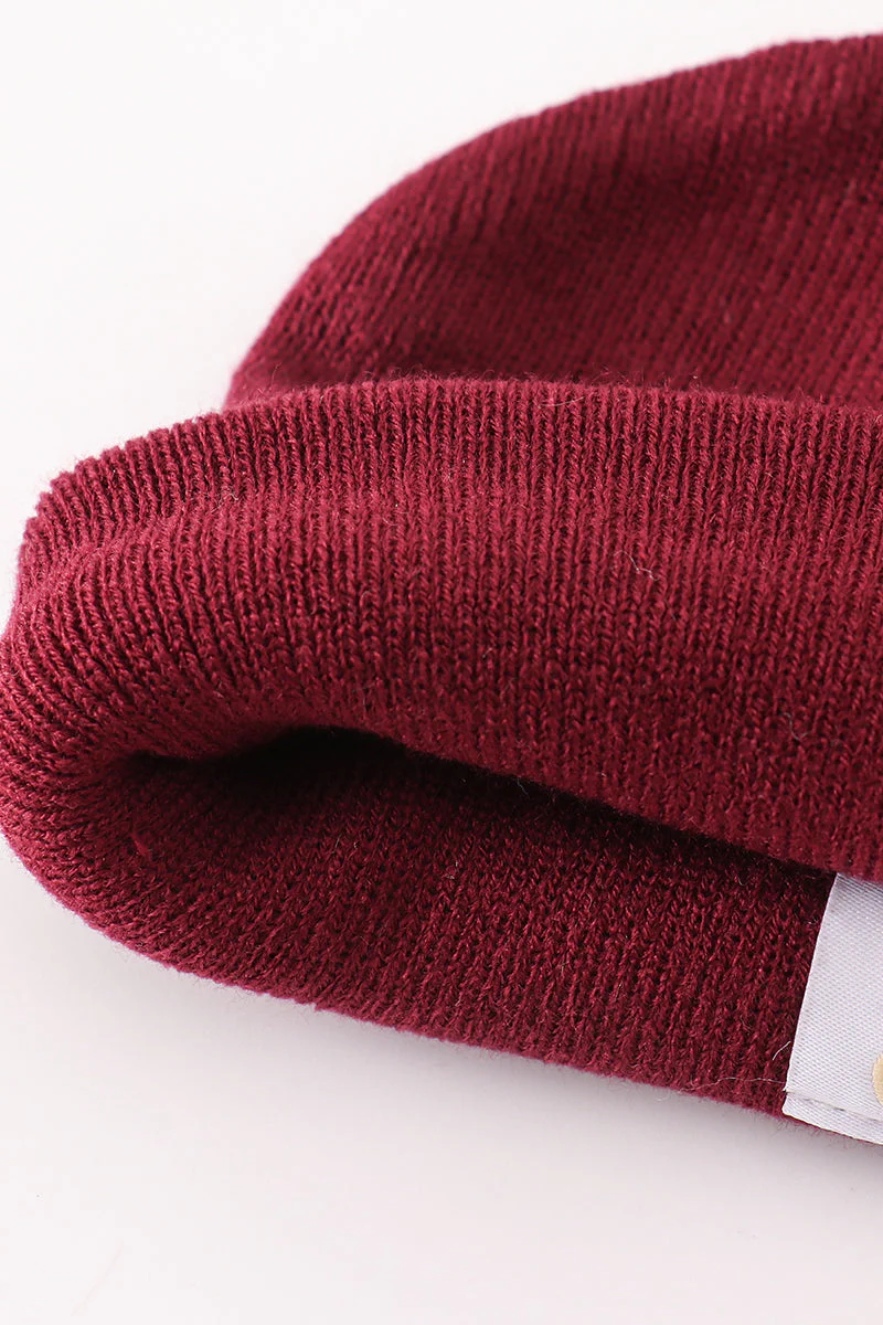 Burgundy ribbed basic knit beanie hat - Image 4