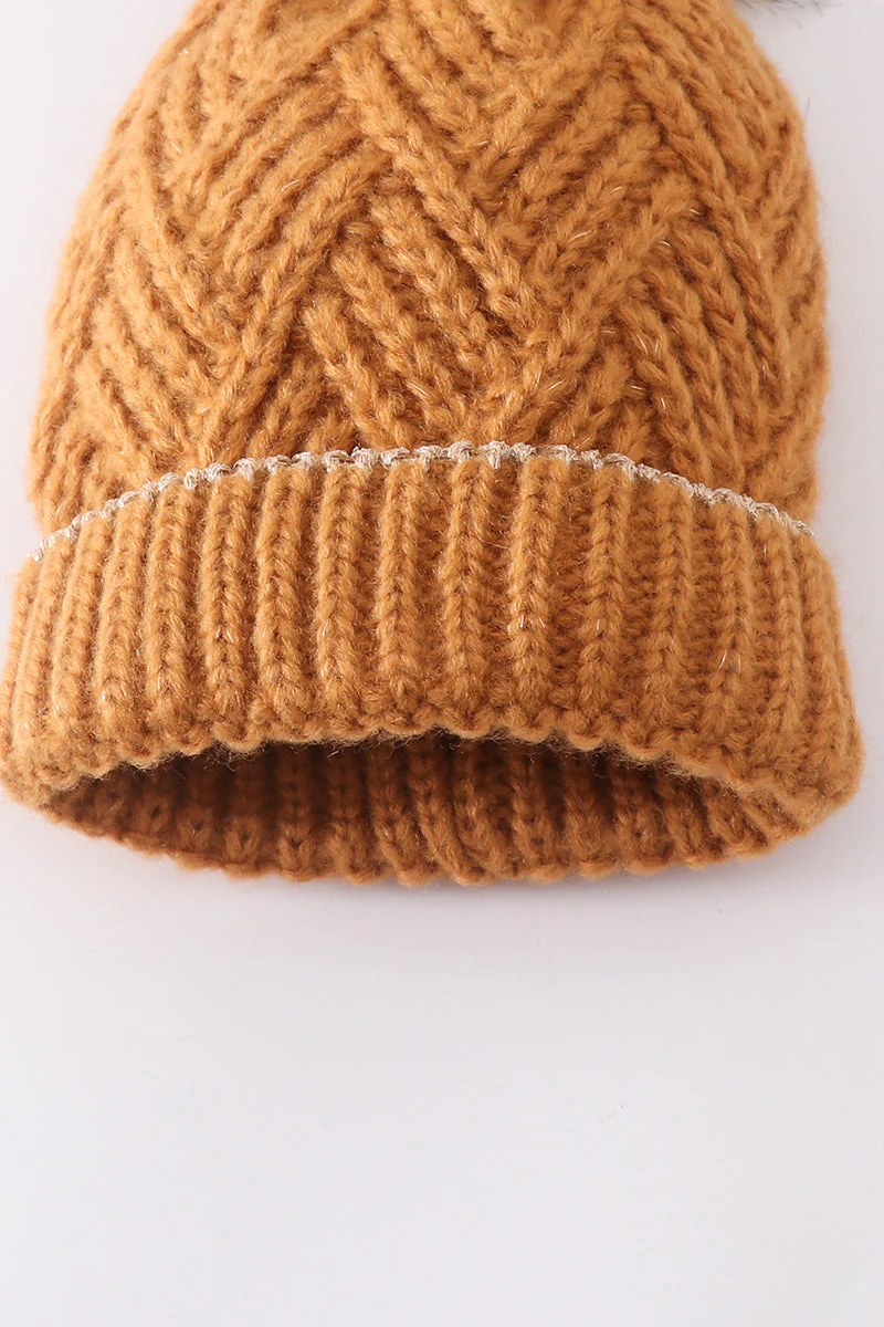 Camel cross cable knit pom pom beanie hat baby toddler adult - Image 3