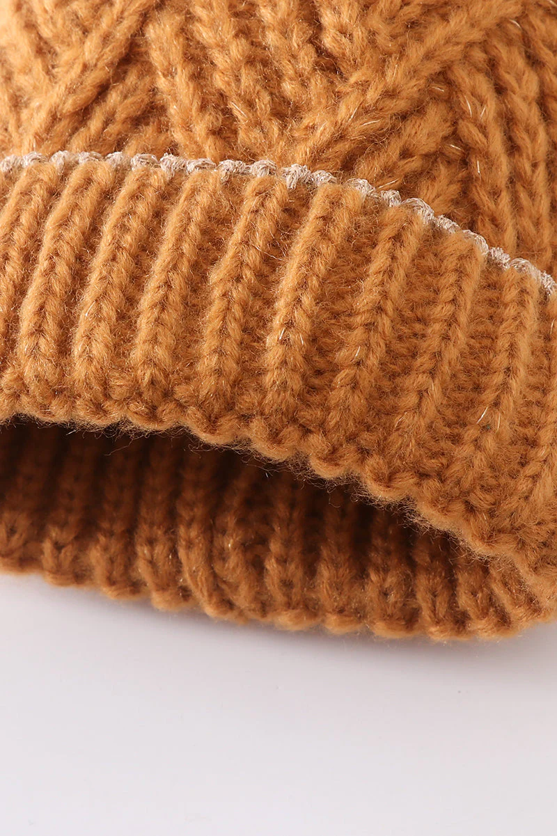 Camel cross cable knit pom pom beanie hat baby toddler adult - Image 4