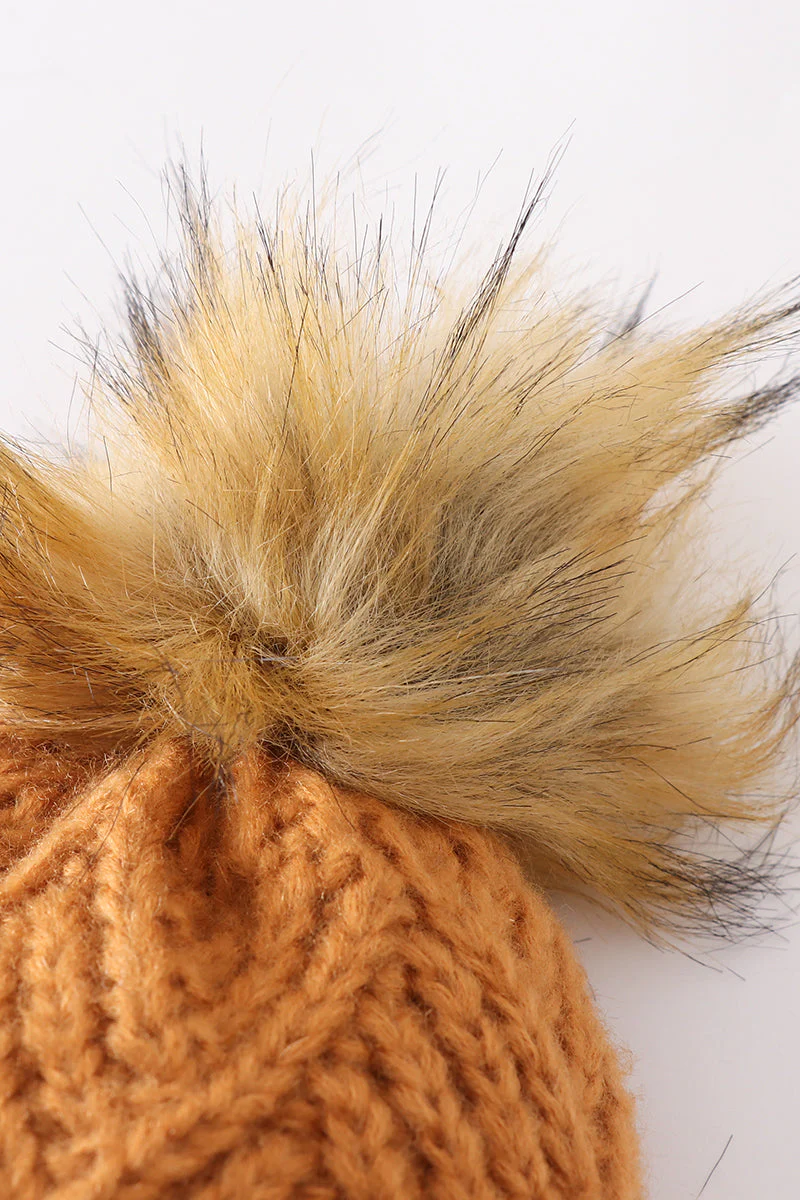 Camel cross cable knit pom pom beanie hat baby toddler adult - Image 5