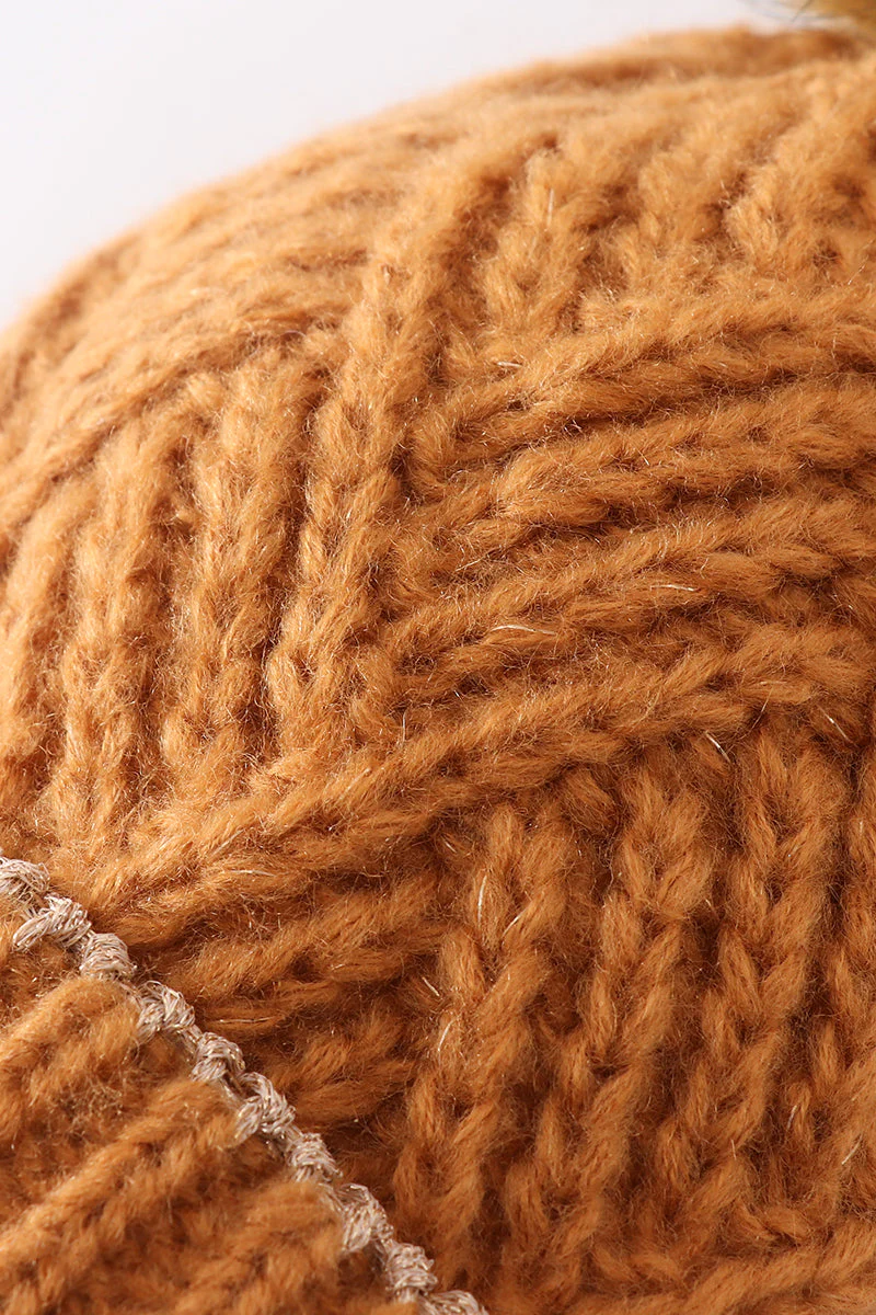 Camel cross cable knit pom pom beanie hat baby toddler adult - Image 6