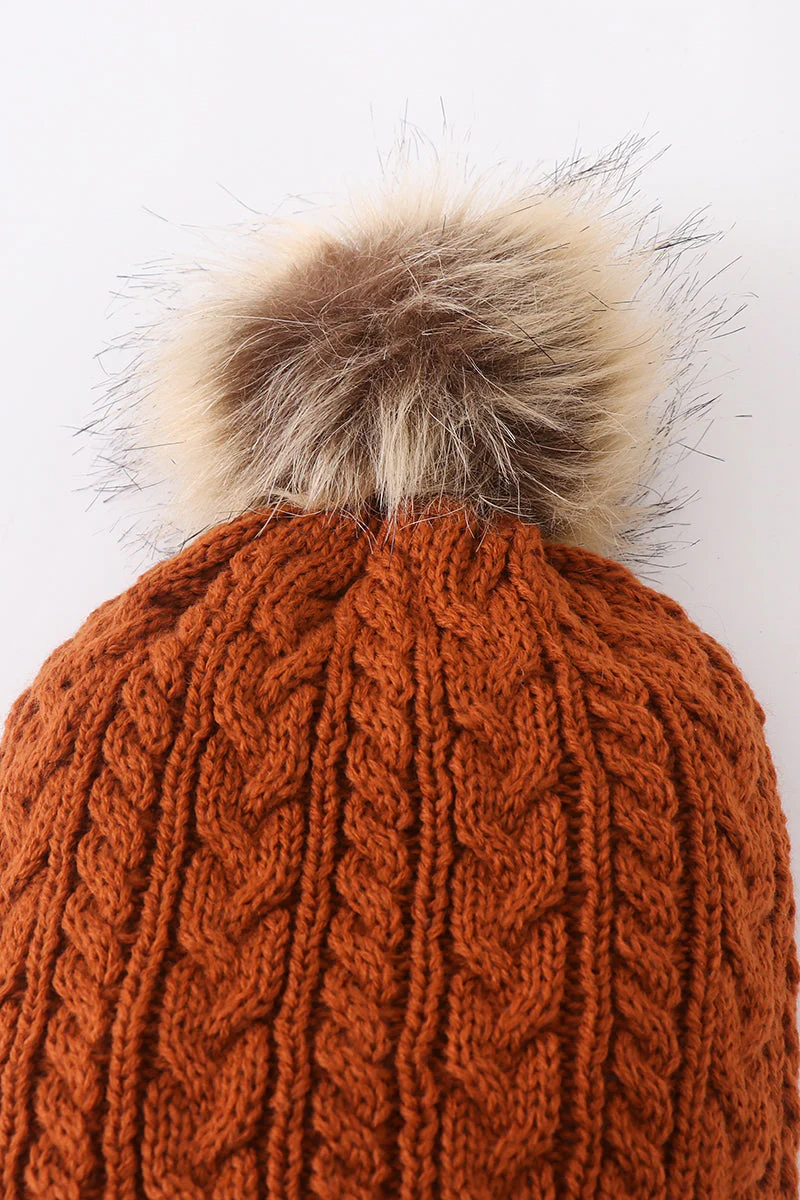 Rust cable knit pom pom beanie hat baby toddler adult - Image 3