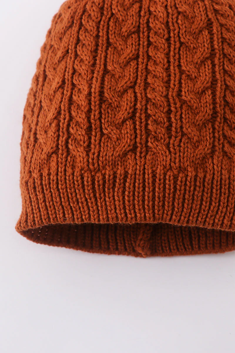 Rust cable knit pom pom beanie hat baby toddler adult - Image 4