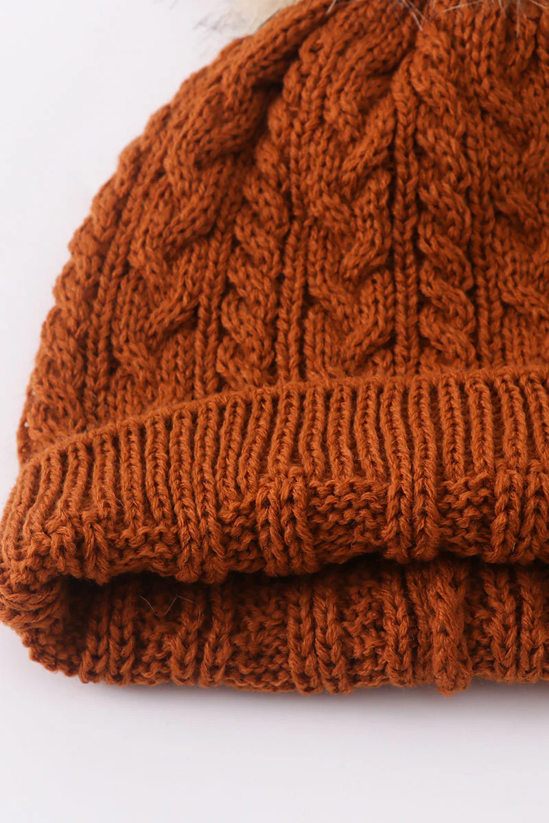 Rust cable knit pom pom beanie hat baby toddler adult - Image 5