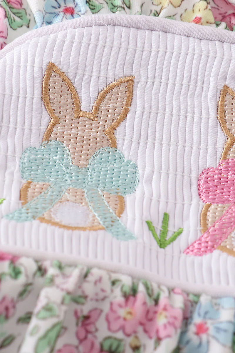 Floral print bunny embroidery smocked girl bubble - Image 3