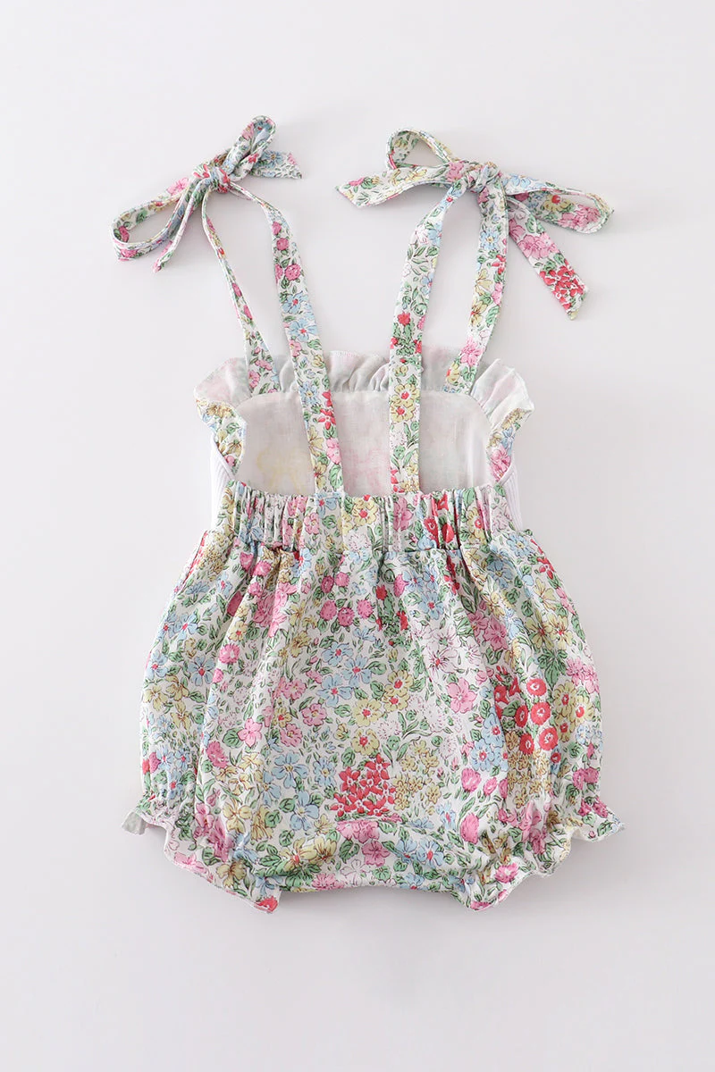 Floral print bunny embroidery smocked girl bubble - Image 5