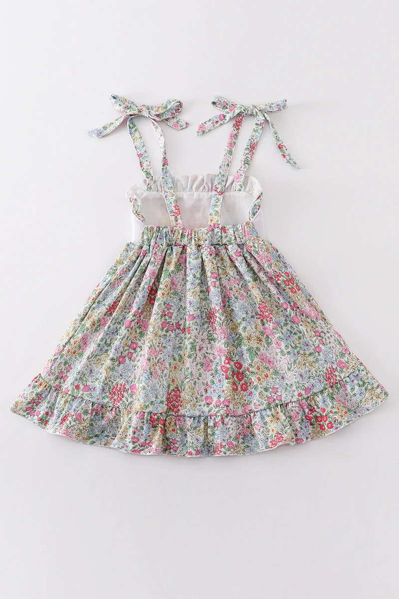 Floral print bunny embroidery smocked girl dress - Image 5