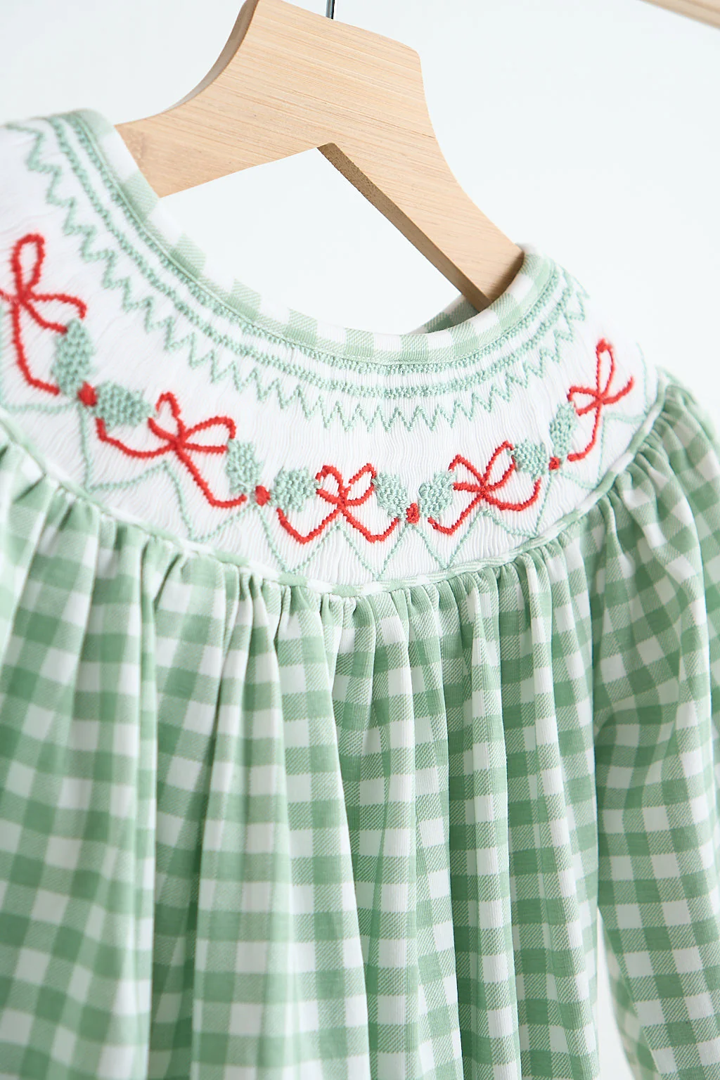 Green bow tie hand smocked gingham girl bubble - Image 2