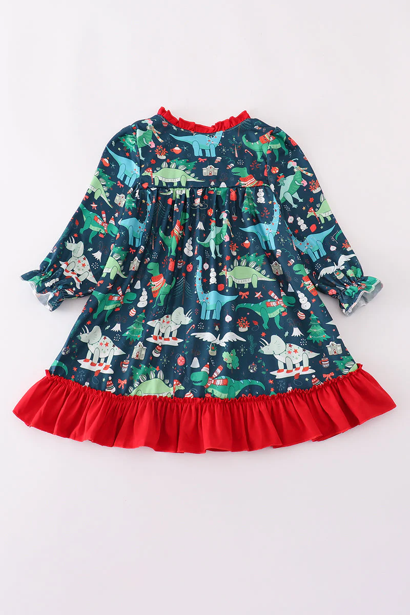 Green dinosaur print ruffle gown - Image 4