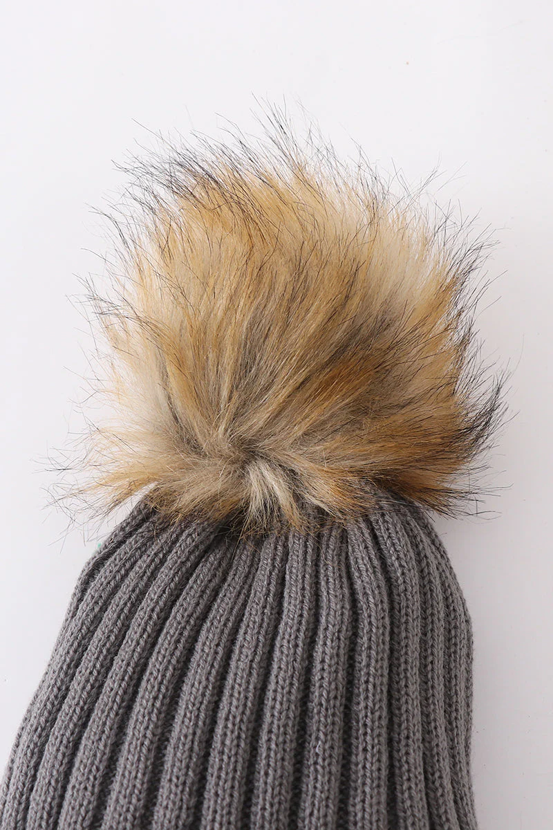Grey knit pom pom beanie hat baby toddler adult - Image 3