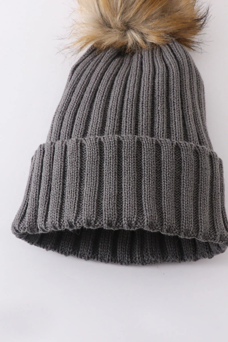 Grey knit pom pom beanie hat baby toddler adult - Image 4