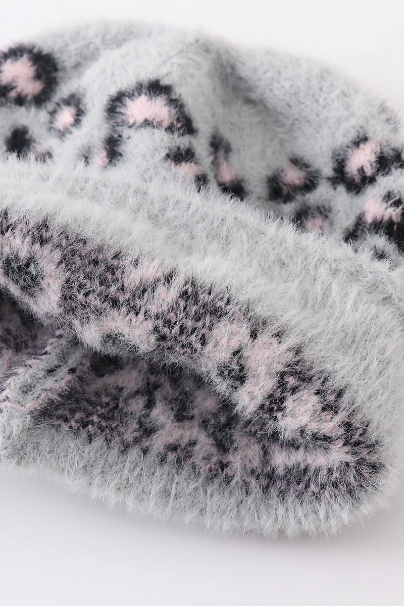 Grey leopard beanie hat toddler adult - Image 6