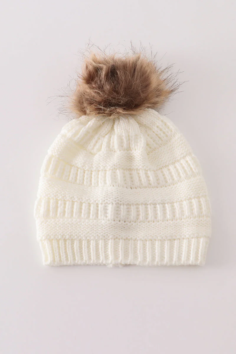 Ivory pompom cable beanie hat - Image 2