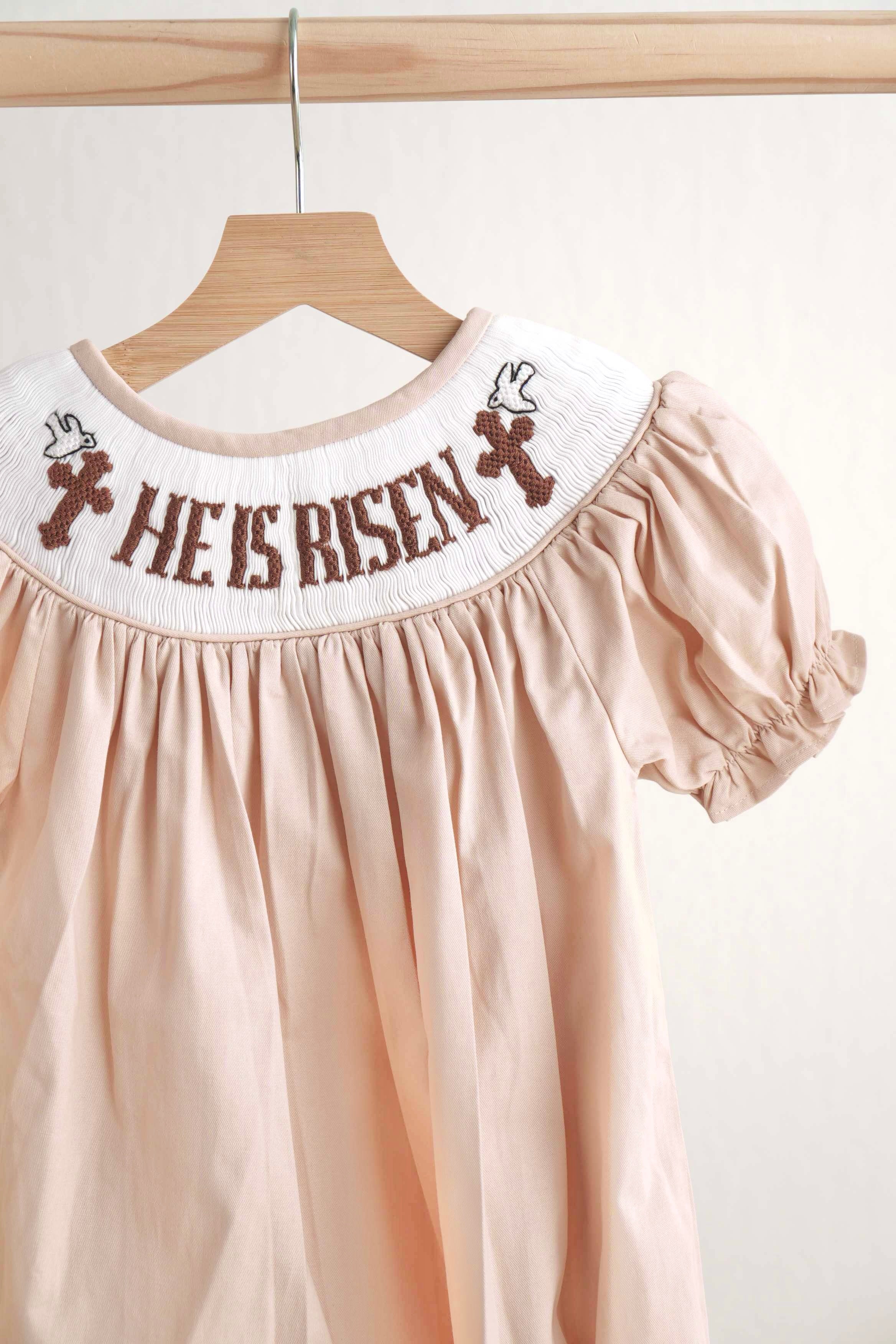 Khaki he is risen hand-smocked girl bubble - Image 2