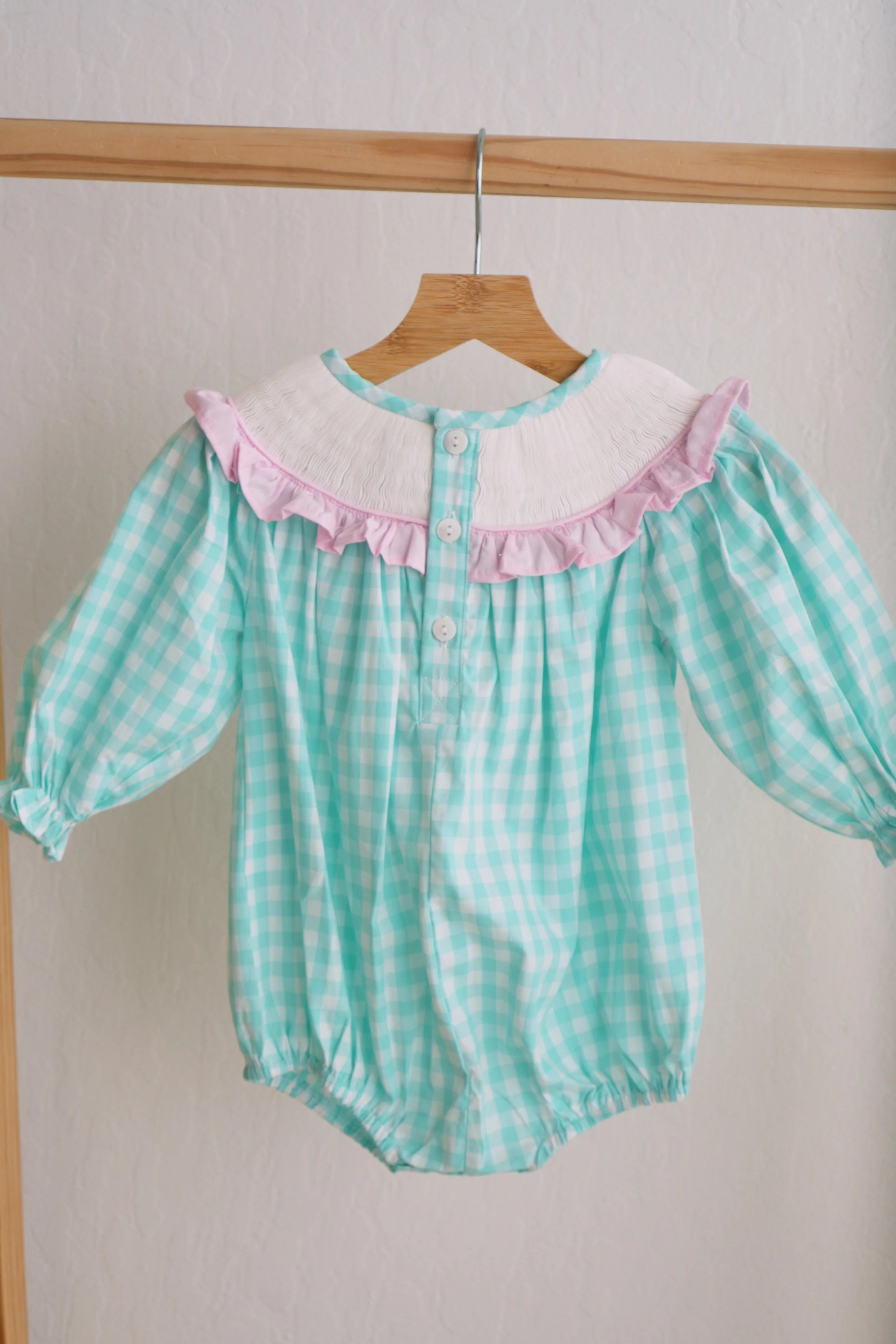 Mint christmas nutcracker hand smocked gingham bubble - Image 2