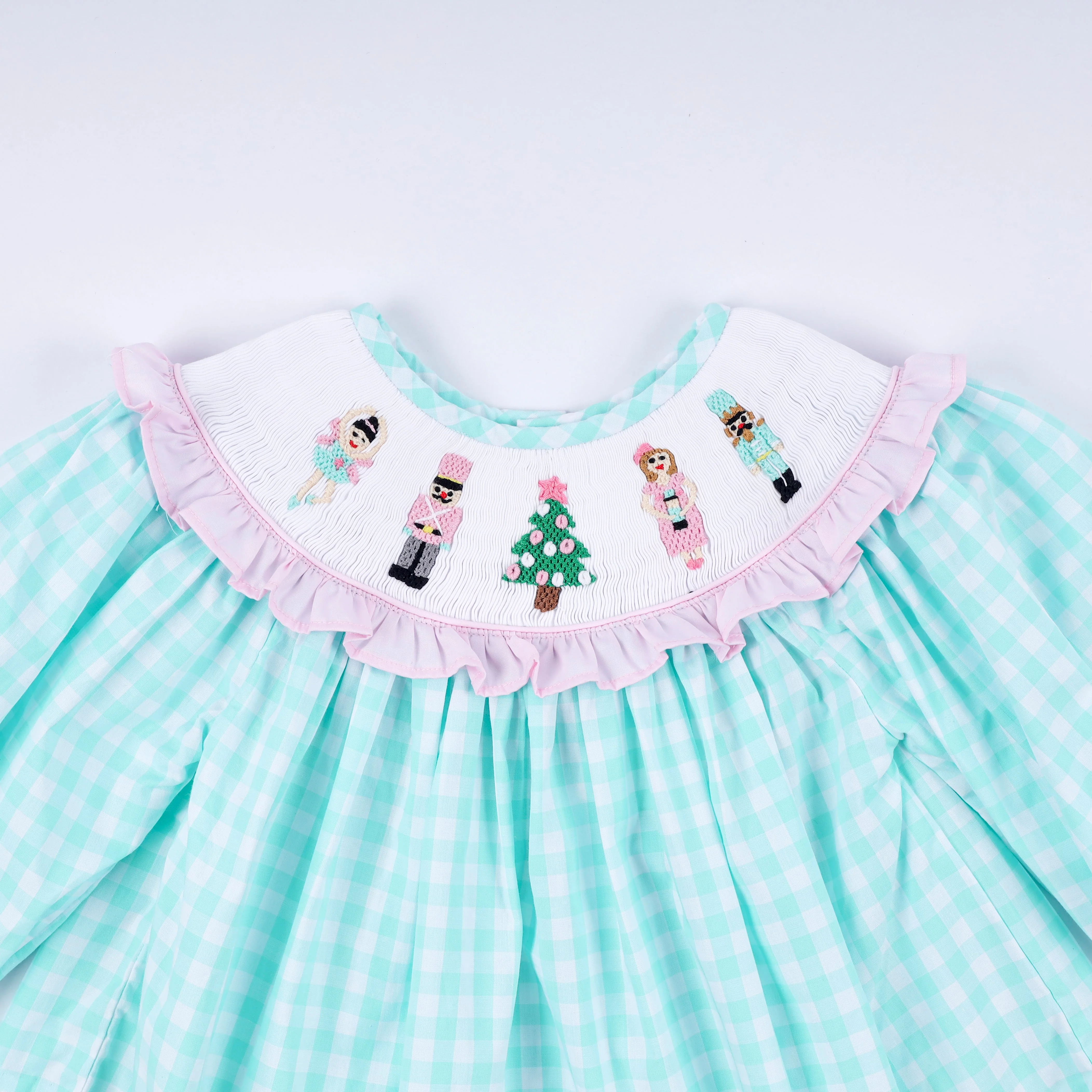 Mint christmas nutcracker hand smocked gingham ruffle pants set - Image 2